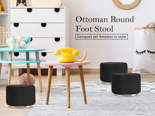 2X Fabric Ottoman Round Wooden Leg Foot Stool - BLACK