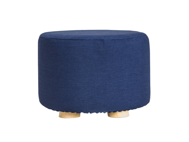 Fabric Ottoman Round Wooden Leg Foot Stool - DARK BLUE