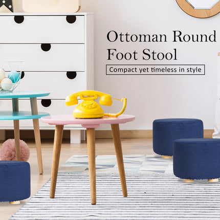 Fabric Ottoman Round Wooden Leg Foot Stool - DARK BLUE