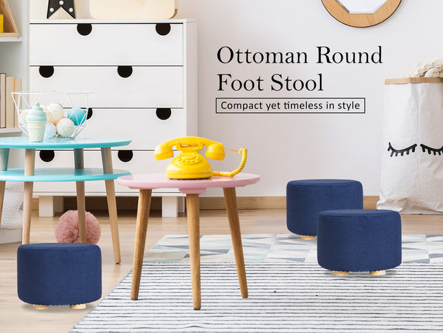 Fabric Ottoman Round Wooden Leg Foot Stool - DARK BLUE