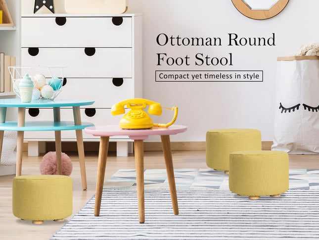 Fabric Ottoman Round Wooden Leg Foot Stool - MUSTARD YELLOW