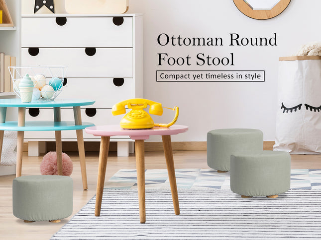 2X Fabric Ottoman Round Wooden Leg Foot Stool - GREY