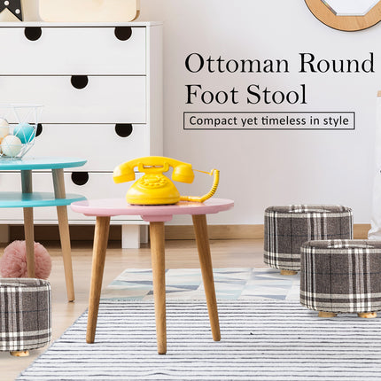 2X Fabric Ottoman Round Wooden Leg Foot Stool - LATTICE