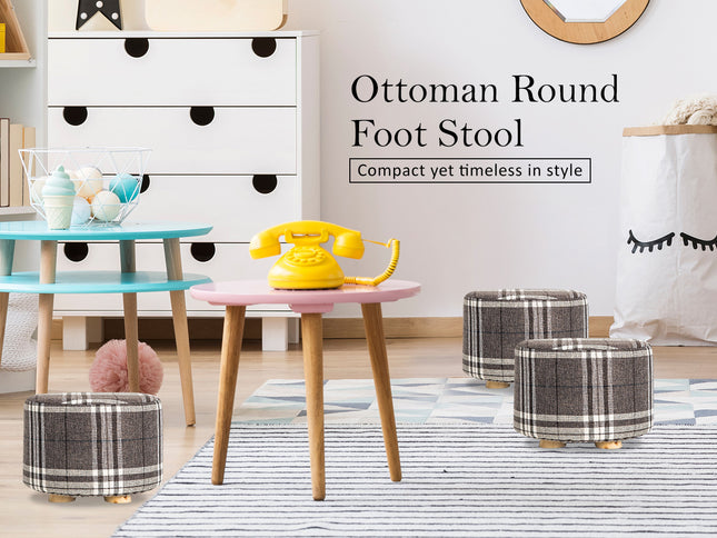 2X Fabric Ottoman Round Wooden Leg Foot Stool - LATTICE