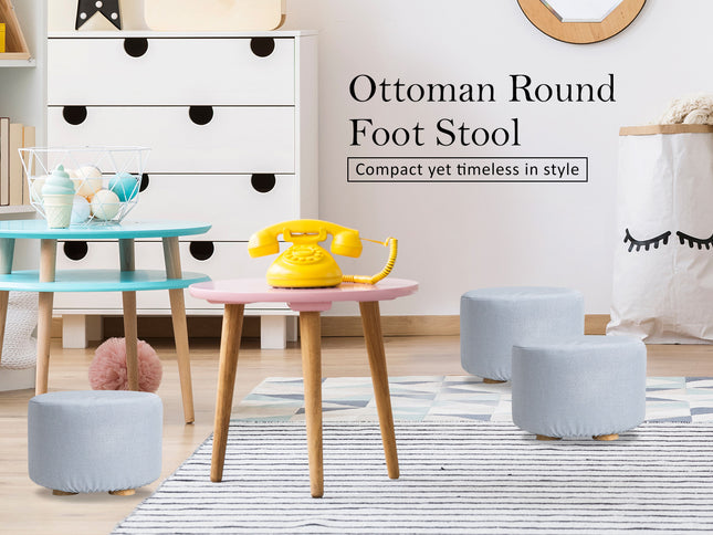 Fabric Ottoman Round Wooden Leg Foot Stool - LIGHT BLUE
