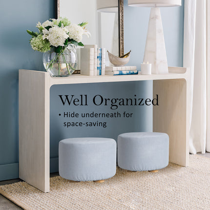 Fabric Ottoman Round Wooden Leg Foot Stool - LIGHT BLUE