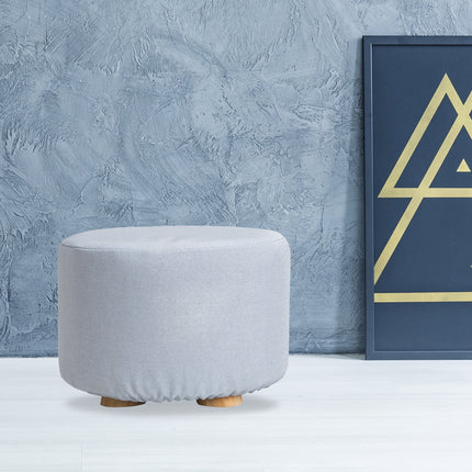 Fabric Ottoman Round Wooden Leg Foot Stool - LIGHT BLUE