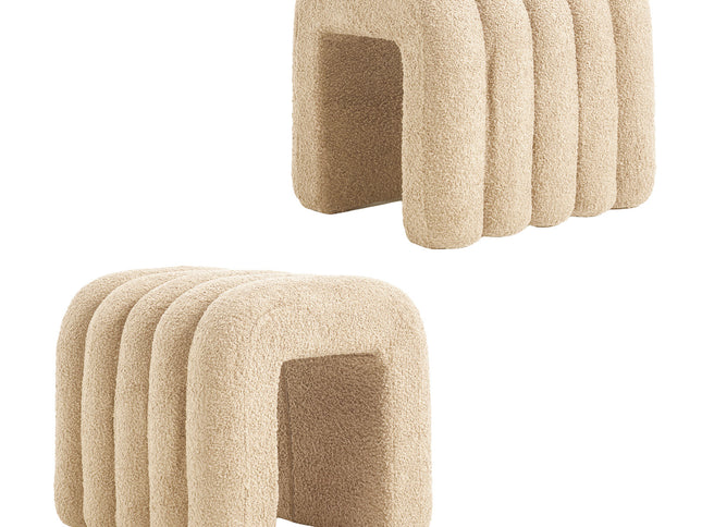 2X Ridge Arch Ottoman Stool Teddy Fleece Fabric Foot Rest 45cm BEIGE
