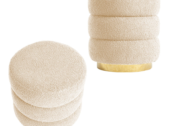 2X Round Stacked Ottoman Stool Teddy Fleece Fabric Foot Rest 38cm BEIGE
