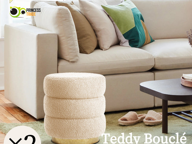 2X Round Stacked Ottoman Stool Teddy Fleece Fabric Foot Rest 38cm BEIGE
