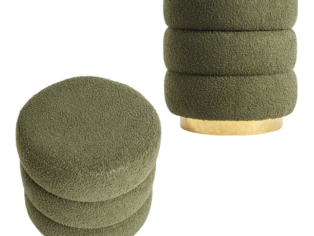 2X Round Stacked Ottoman Stool Teddy Fleece Fabric Foot Rest 38cm GREEN