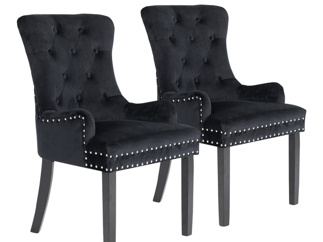 2X French Provincial Dining Chair Ring Studded Velvet Rubberwood Leg LISSE BLACK
