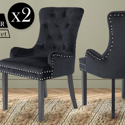 2X French Provincial Dining Chair Ring Studded Velvet Rubberwood Leg LISSE BLACK