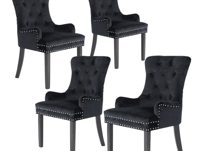 4X French Provincial Dining Chair Ring Studded Velvet Rubberwood Leg LISSE BLACK