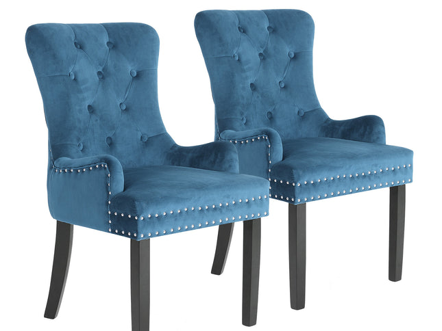 2X French Provincial Dining Chair Ring Studded Velvet Rubberwood Leg LISSE NAVY BLUE
