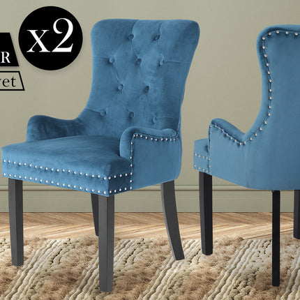 2X French Provincial Dining Chair Ring Studded Velvet Rubberwood Leg LISSE NAVY BLUE