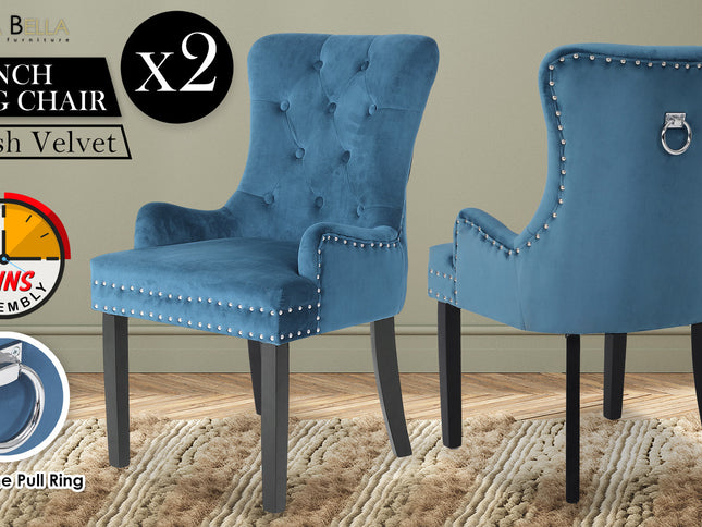 2X French Provincial Dining Chair Ring Studded Velvet Rubberwood Leg LISSE NAVY BLUE