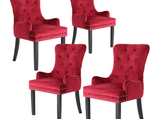 4X French Provincial Dining Chair Ring Studded Velvet Rubberwood Leg LISSE BORDEAUX RED