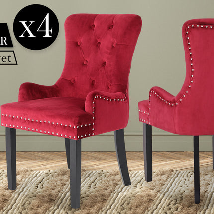 4X French Provincial Dining Chair Ring Studded Velvet Rubberwood Leg LISSE BORDEAUX RED