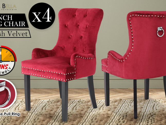 4X French Provincial Dining Chair Ring Studded Velvet Rubberwood Leg LISSE BORDEAUX RED