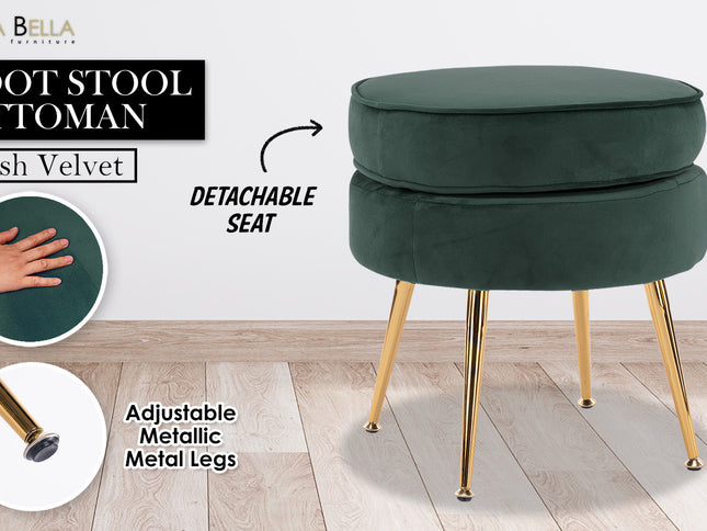 Ottoman Foot Stool Velvet Fabric Metal Leg Round GREEN