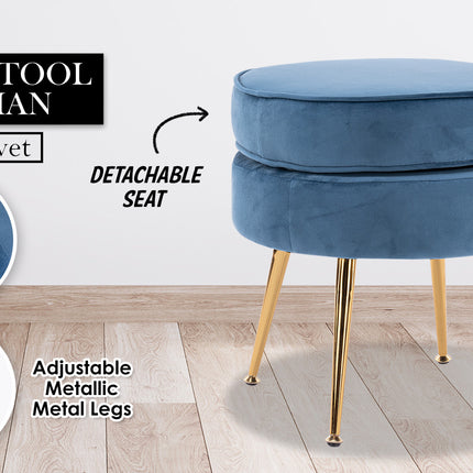 Ottoman Foot Stool Velvet Fabric Metal Leg Round NAVY BLUE