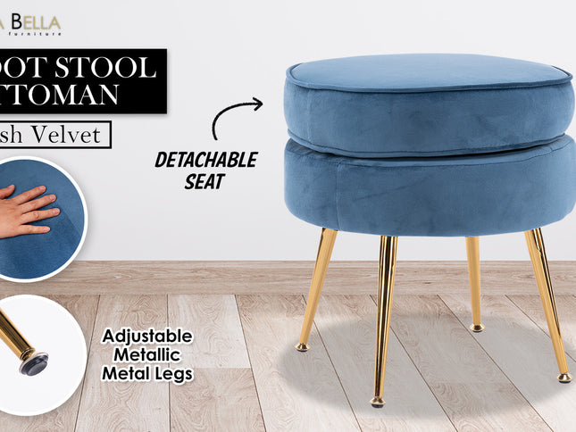 Ottoman Foot Stool Velvet Fabric Metal Leg Round NAVY BLUE