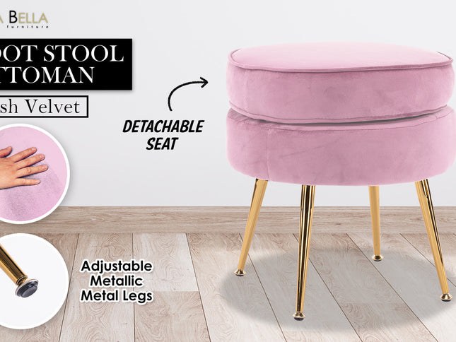 Ottoman Foot Stool Velvet Fabric Metal Leg Round PINK