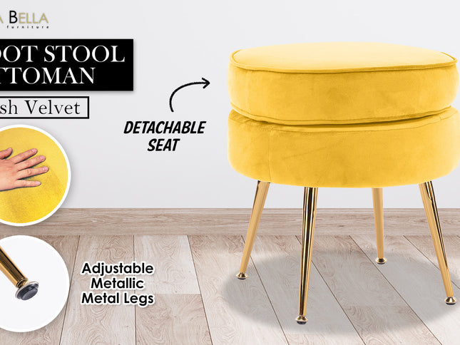 Ottoman Foot Stool Velvet Fabric Metal Leg Round YELLOW