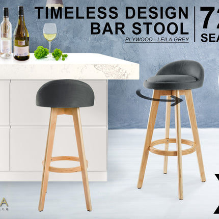 2X Wooden Bar Stool Dining Chair Fabric LEILA 72cm GREY