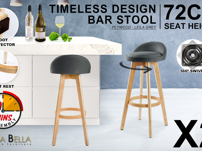 2X Wooden Bar Stool Dining Chair Fabric LEILA 72cm GREY