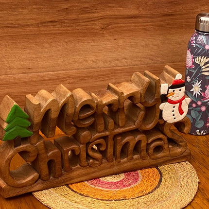 Wooden carved Merry Christmas decoration 38 cm long with Tree and Star