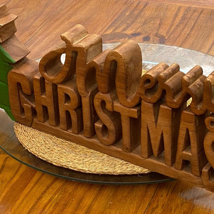 Wooden carved Merry Christmas decoration 38 cm long with Tree and Star