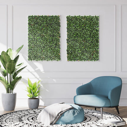 Modern living room with a blue armchair, ottoman, and decorative plants.