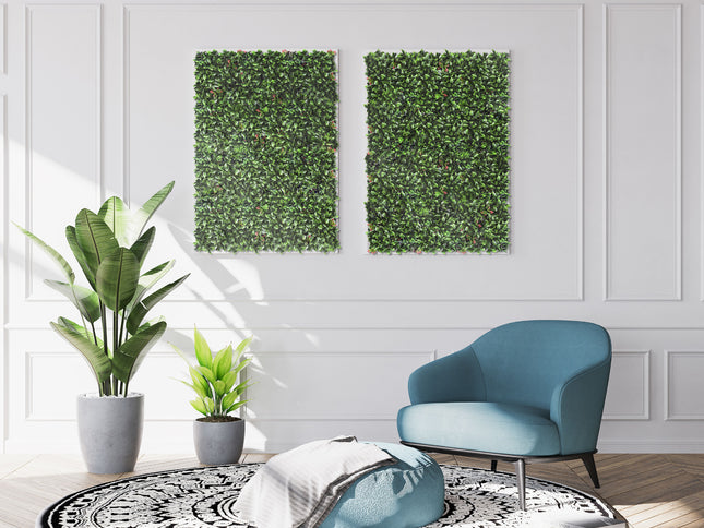 Modern living room with a blue armchair, ottoman, and decorative plants.