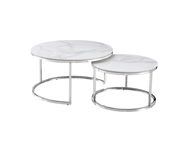Nesting Style Coffee Table - White on Silver Stainless Steel - 80cm/60cm