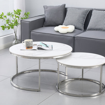 Nesting Style Coffee Table - White on Silver Stainless Steel - 80cm/60cm