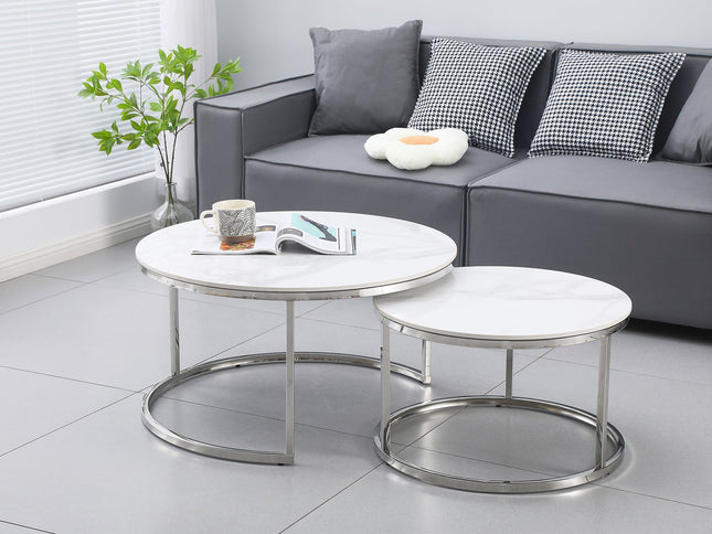 Nesting Style Coffee Table - White on Silver Stainless Steel - 80cm/60cm