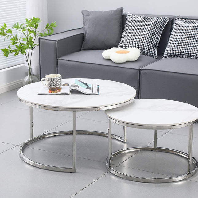 Nesting Style Coffee Table - White on Silver Stainless Steel - 80cm/60cm