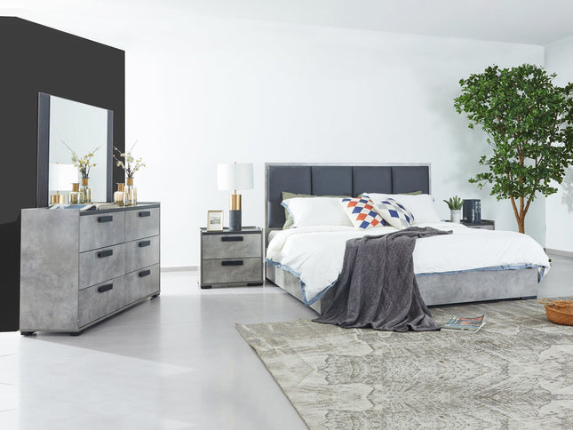 Queen 4 Pcs Bedroom Suite with Dresser Fabric Upholstery MDF Combination of Black & Cement Colour