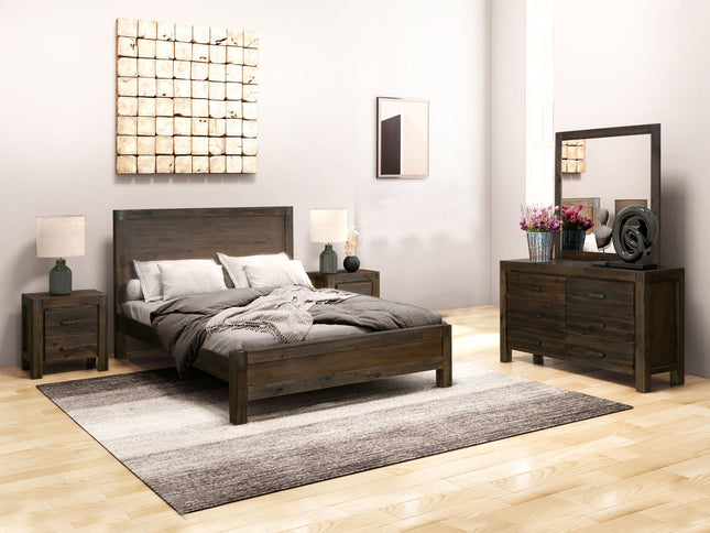 4 Pieces Bedroom Suite in Solid Wood Veneered Acacia Construction Timber Slat Double Size Chocolate Colour Bed, Bedside Table & Dresser