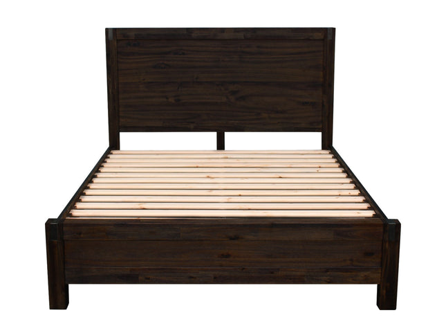 4 Pieces Bedroom Suite in Solid Wood Veneered Acacia Construction Timber Slat Double Size Chocolate Colour Bed, Bedside Table & Dresser
