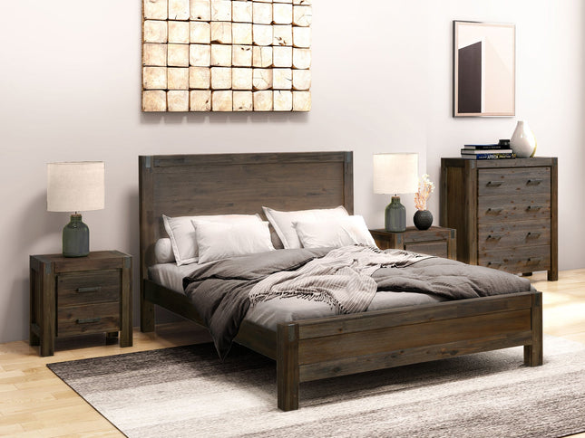 4 Pieces Bedroom Suite in Solid Wood Veneered Acacia Construction Timber Slat Double Size Chocolate Colour Bed, Bedside Table & Tallboy