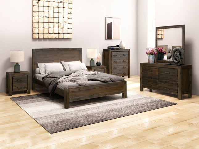 5 Pieces Bedroom Suite in Solid Wood Veneered Acacia Construction Timber Slat King Size Chocolate Colour Bed, Bedside Table , Tallboy & Dresser