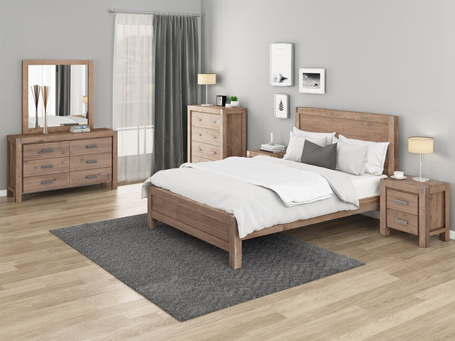 5 Pieces Bedroom Suite in Solid Wood Veneered Acacia Construction Timber Slat King Single Size Oak Colour Bed, Bedside Table , Tallboy & Dresser