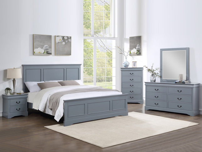 5 Pieces Bedroom Suite in Solid Wood & MDF Queen Size Grey Colour Bed, Bedside Table, Dresser & Tallboy