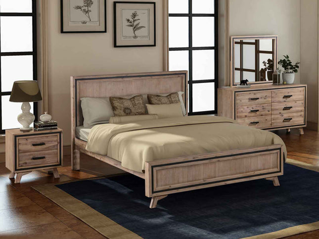 4 Pieces Bedroom Suite Queen Size Silver Brush in Acacia Wood Construction Bed, Bedside Table & Dresser