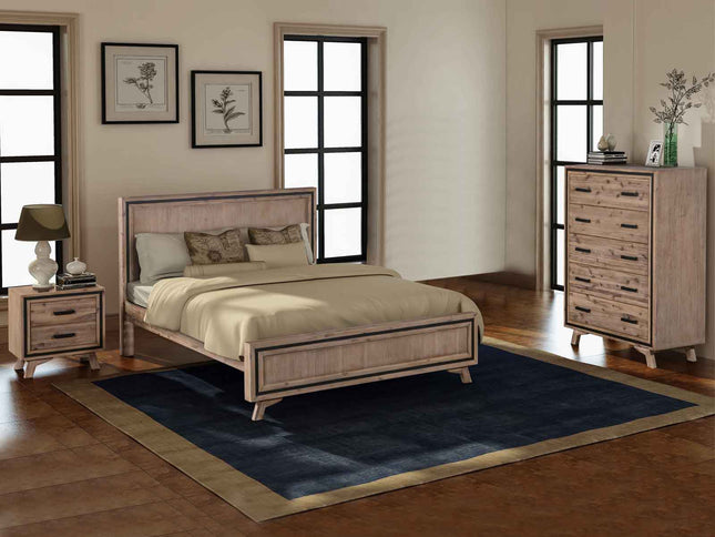 4 Pieces Bedroom Suite Queen Size Silver Brush in Acacia Wood Construction Bed, Bedside Table & Tallboy