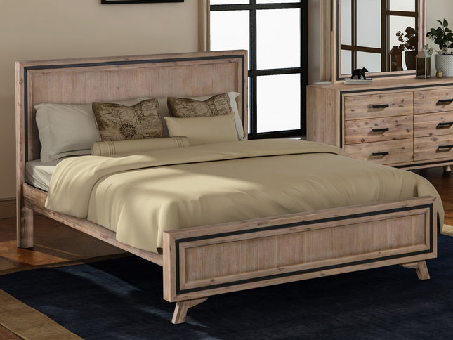 4 Pieces Bedroom Suite Queen Size Silver Brush in Acacia Wood Construction Bed, Bedside Table & Tallboy