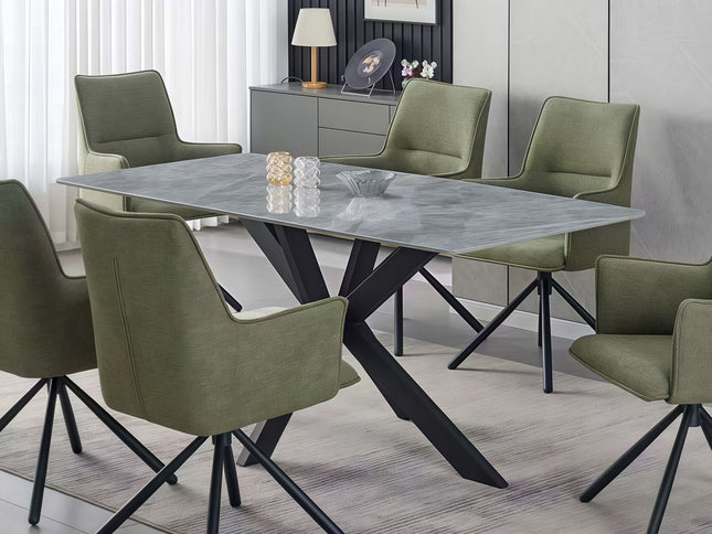 Dining Table Rectangular Shape Grey Sintered Stone Top Powder Coated Iron Legs